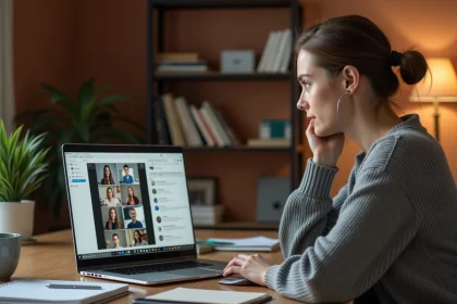 Jeune femme accédant à une classe virtuelle sur Moodle depuis son bureau à domicile