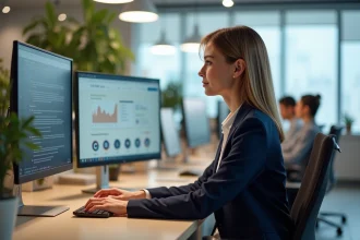 Femme professionnelle accédant à un portail métier sur ordinateur de bureau dans un open space moderne