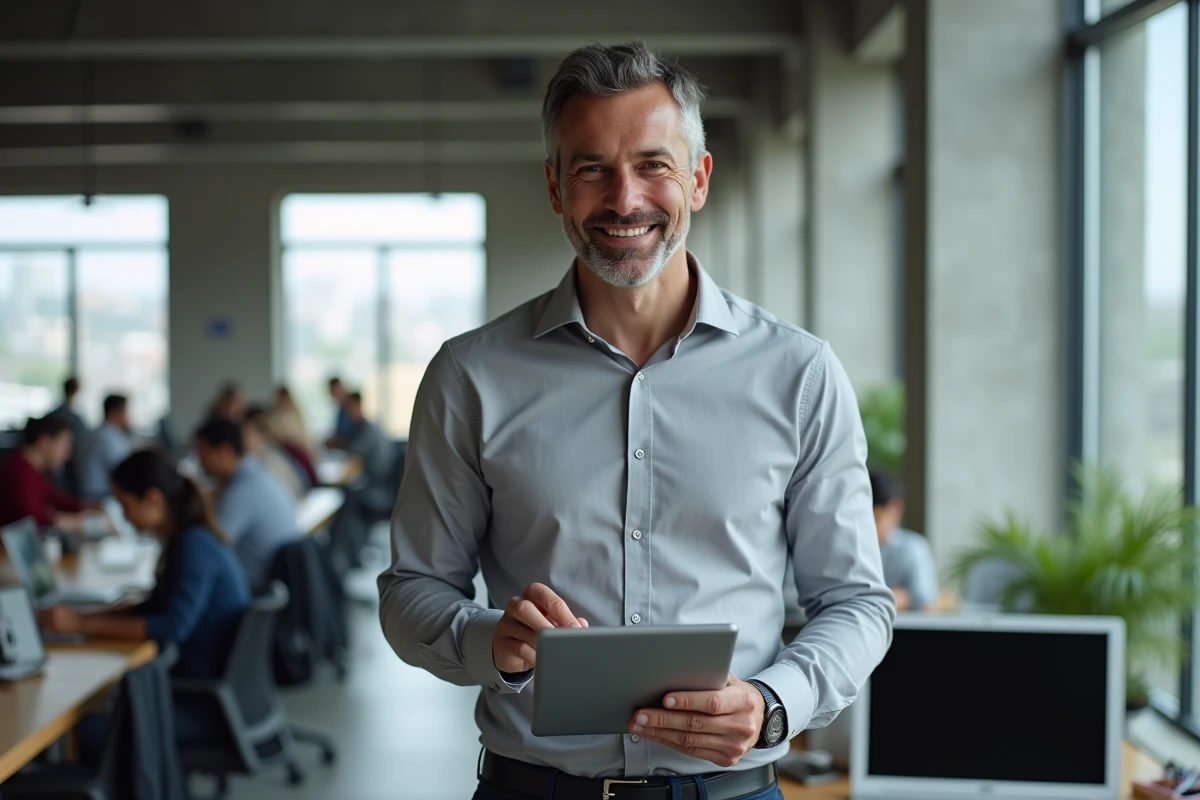 Professionnel de l'éducation accédant à une plateforme académique sécurisée depuis un espace de coworking avec une tablette