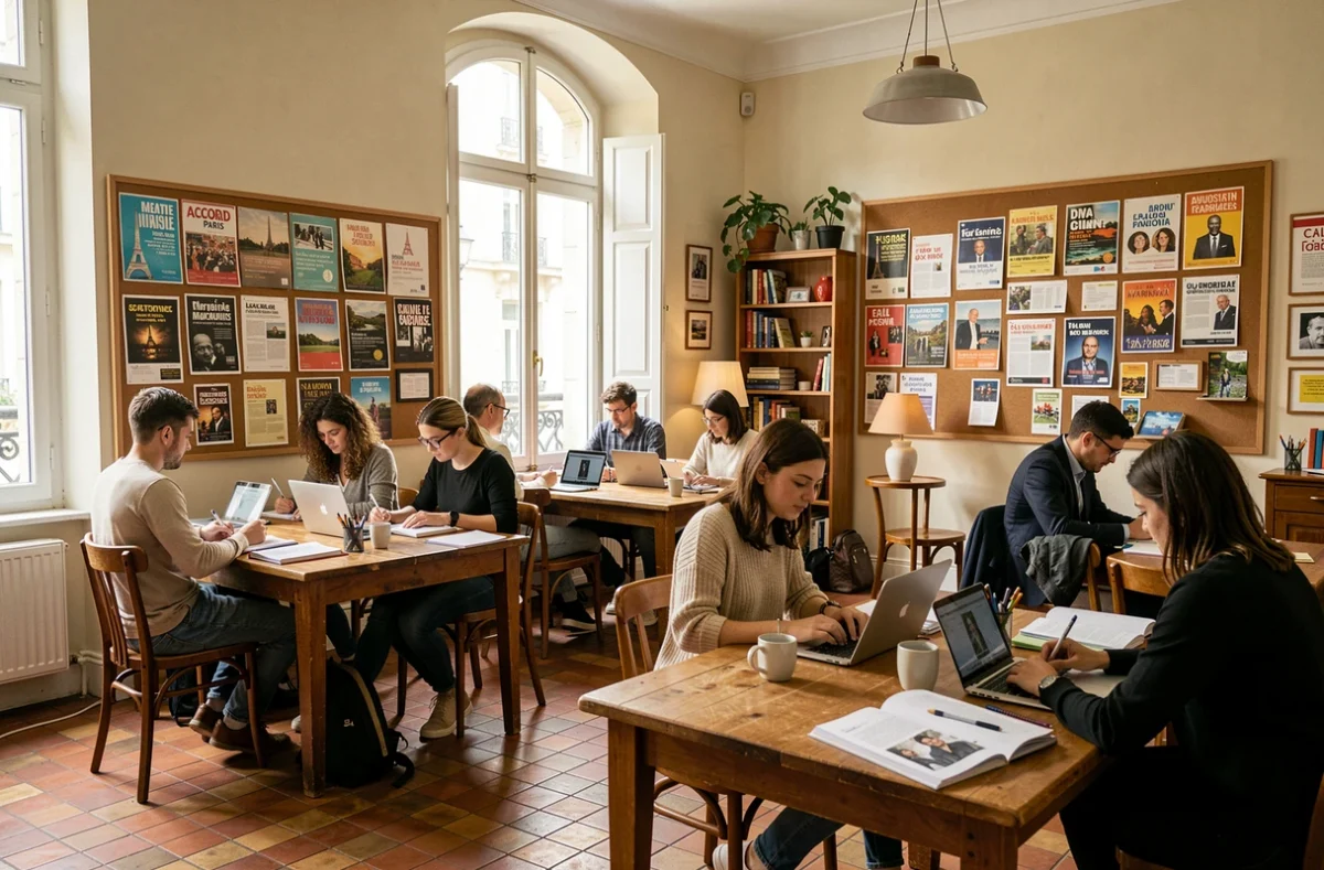 Espace d'étude convivial de l'école de langues ACCORD Paris avec des étudiants internationaux