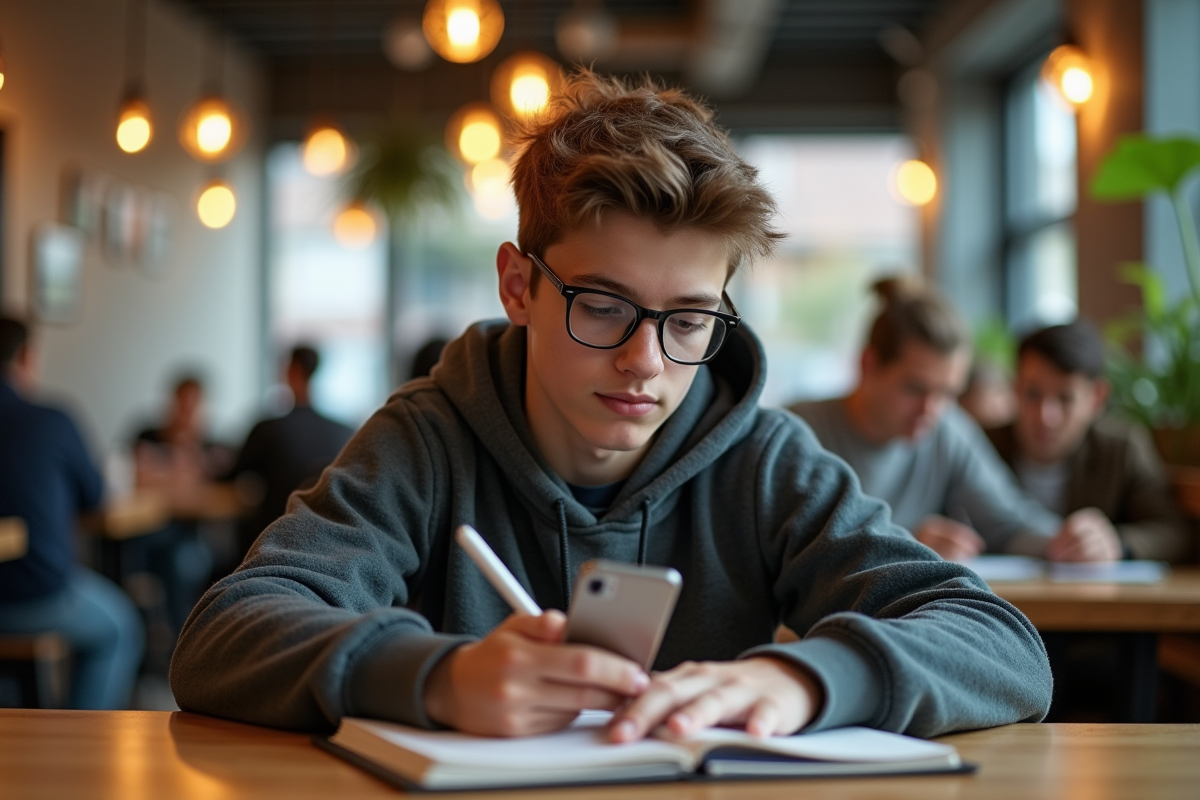 Adolescent au café concentré sur son smartphone et ses notes