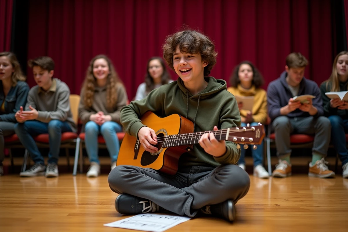 Adolescent chantant avec guitare en sc&egrave;ne de r&eacute;p&eacute;tition