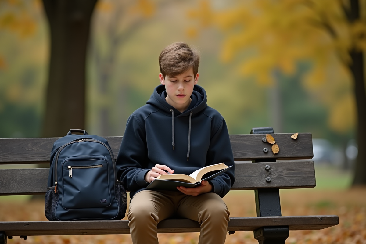 Adolescent lisant dans un parc automnal