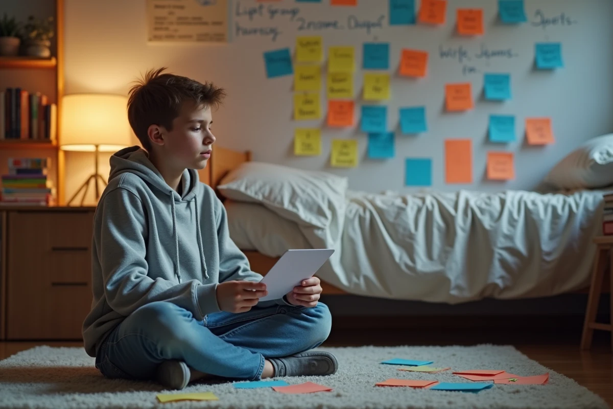 Adolescent révisant un mémo visuel des verbes du deuxième groupe affiché sur le mur de sa chambre avec des post-it colorés