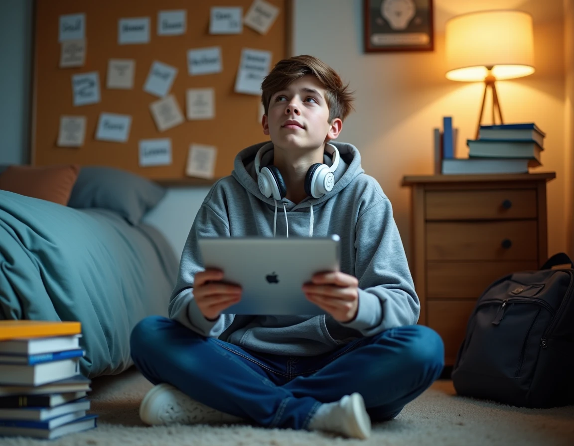 Adolescent révisant des expressions françaises sur tablette dans sa chambre avec des notes accrochées au mur