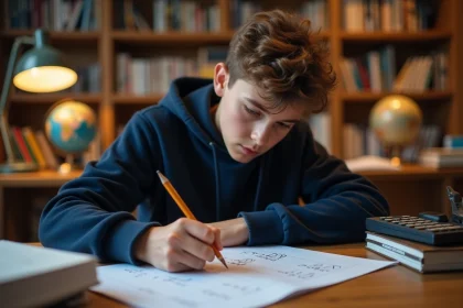 Adolescent concentré écrivant les décimales de Pi dans un cahier de mathématiques sur un bureau en bois