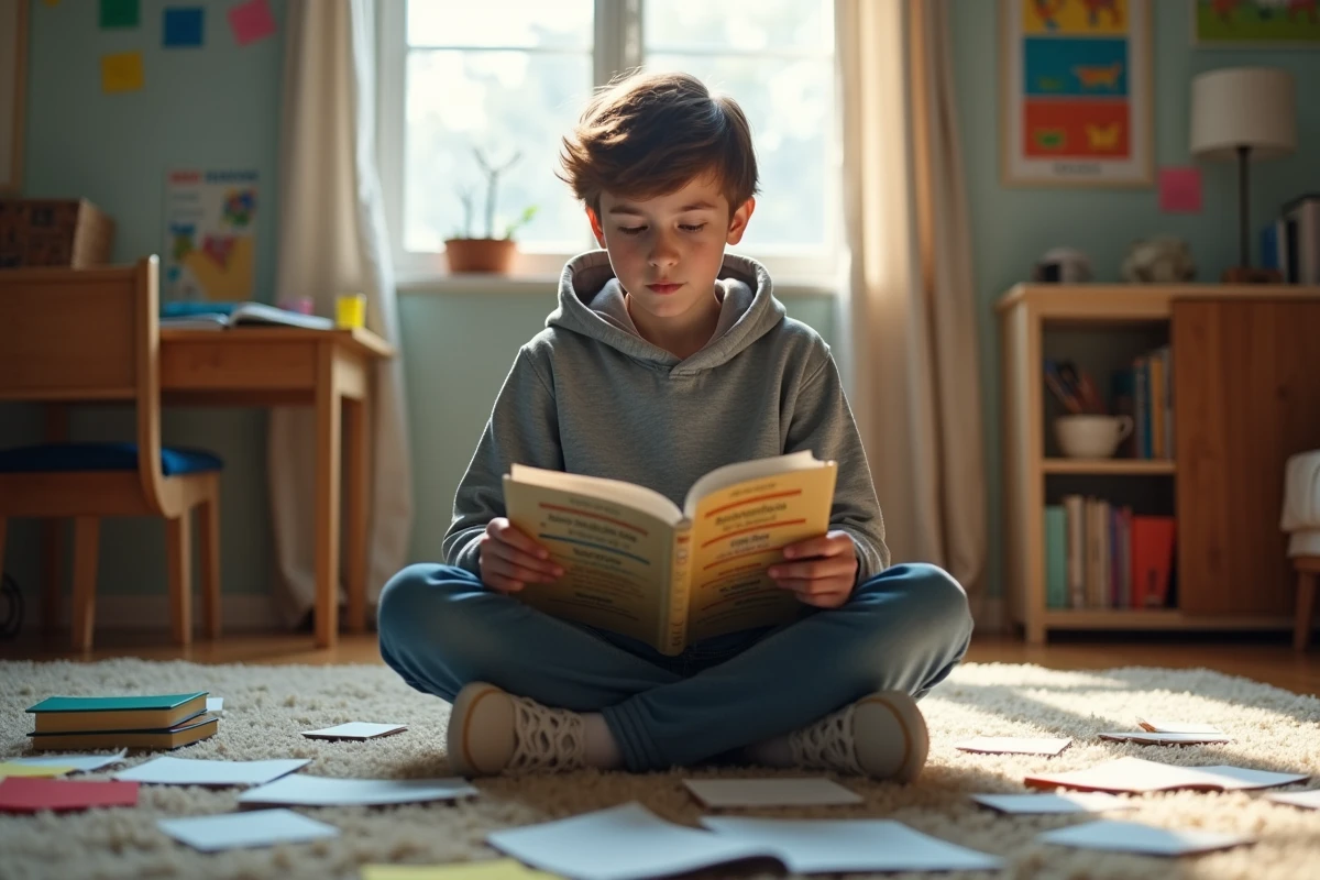 Adolescent révisant la conjugaison du verbe avoir en espagnol avec des fiches et un manuel scolaire