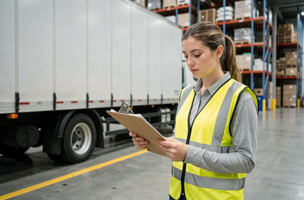 Stagiaire en formation transport et logistique devant un camion semi-remorque dans un entrepôt de Saint-Quentin-Fallavier