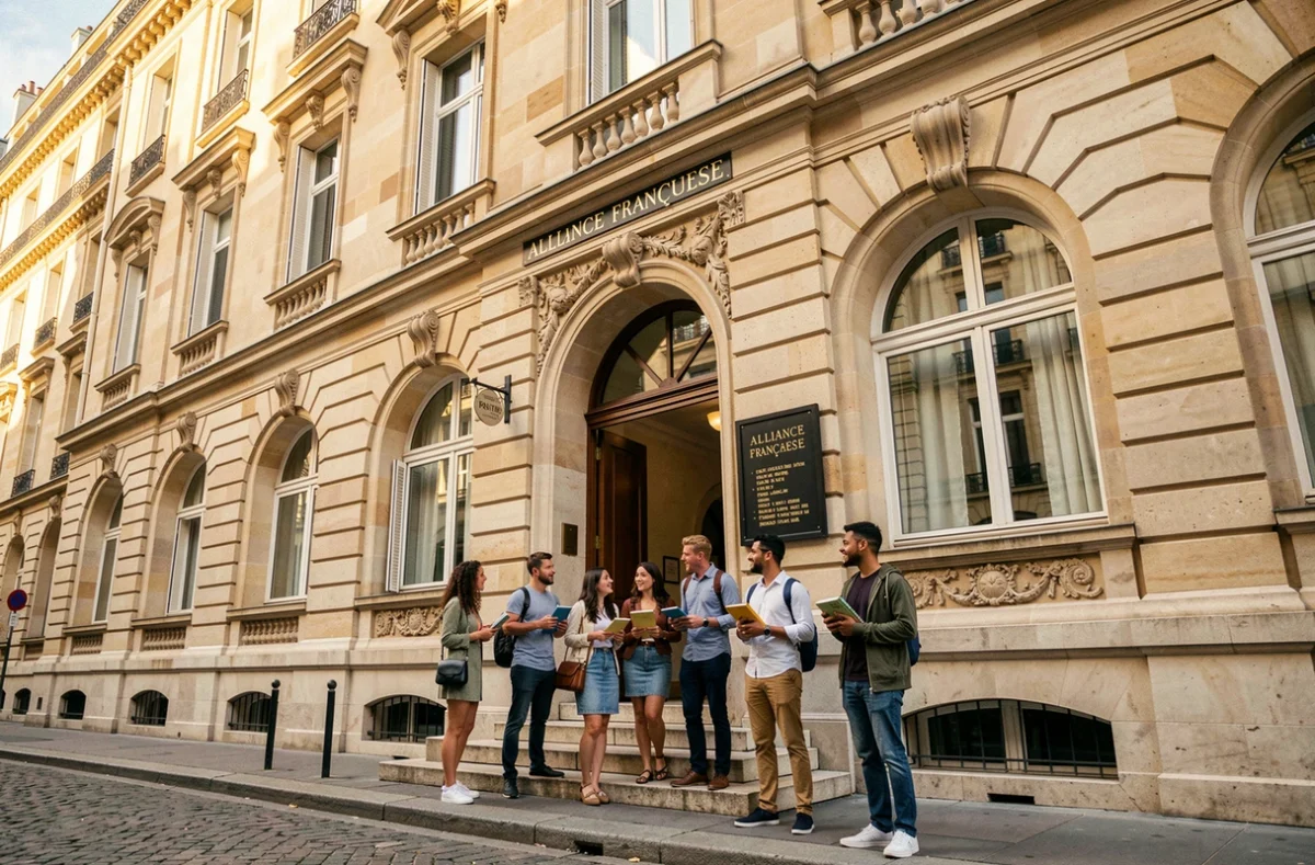 Façade de l'Alliance Française Paris Île-de-France avec des étudiants internationaux