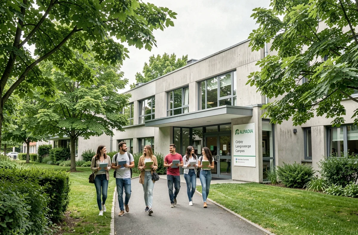 Campus extérieur d'ALPADIA Paris-Igny avec des étudiants en langue marchant vers l'entrée