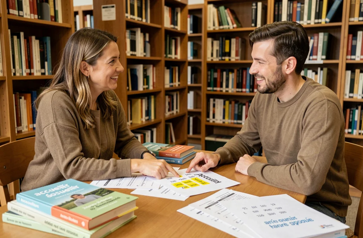 Deux apprenants en conversation pratiquant la conjugaison du verbe accueillir au présent avec des fiches de grammaire dans une bibliothèque