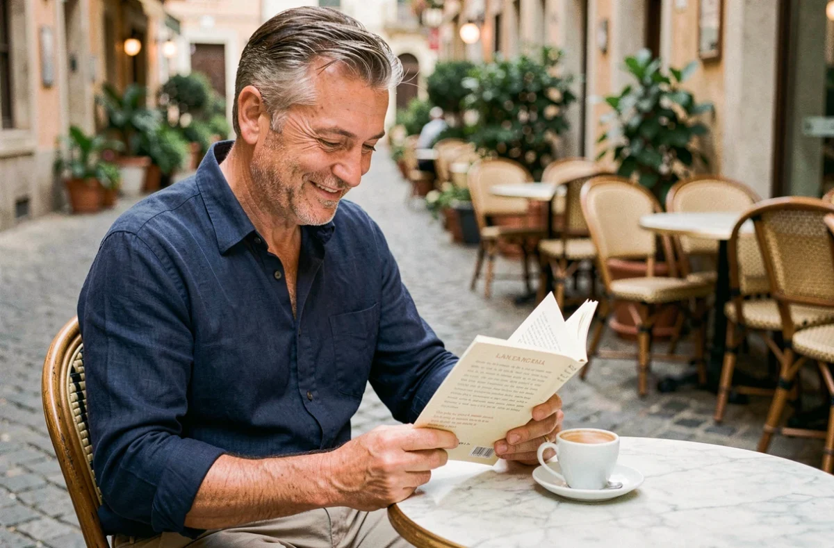 Homme d'âge moyen lisant un livre d'histoires en espagnol à la terrasse d'un café européen