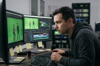 Artiste VFX masculin travaillant sur des logiciels de compositing dans un studio de post-production professionnel avec plusieurs écrans