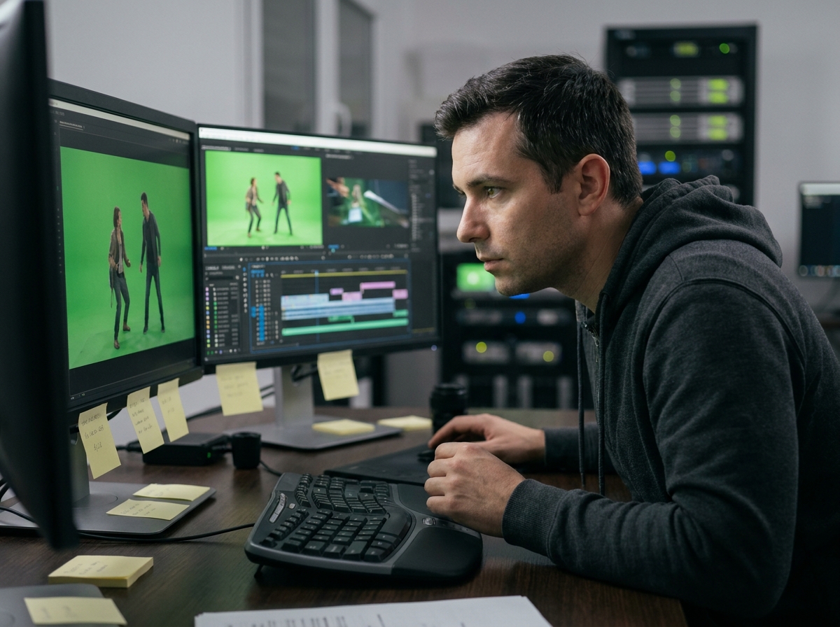 Artiste VFX masculin travaillant sur des logiciels de compositing dans un studio de post-production professionnel avec plusieurs écrans