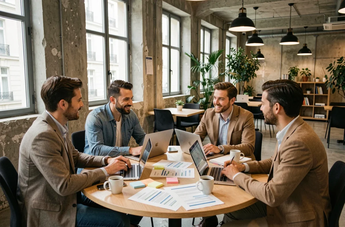 Groupe de professionnels travaillant ensemble sur des compétences numériques lors d'un atelier de formation à Paris