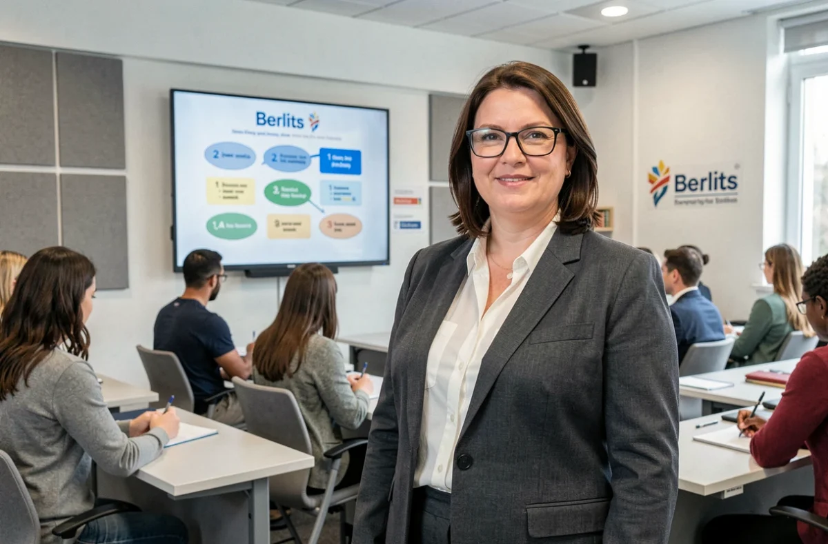 Enseignante professionnelle devant une salle de cours Berlitz France à Paris