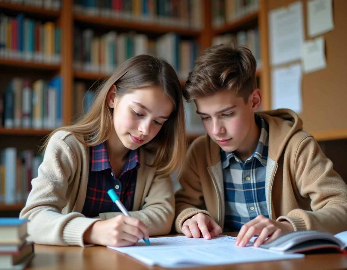 Deux lycéens en binôme révisant un tableau de caractérisation STMG dans une bibliothèque scolaire