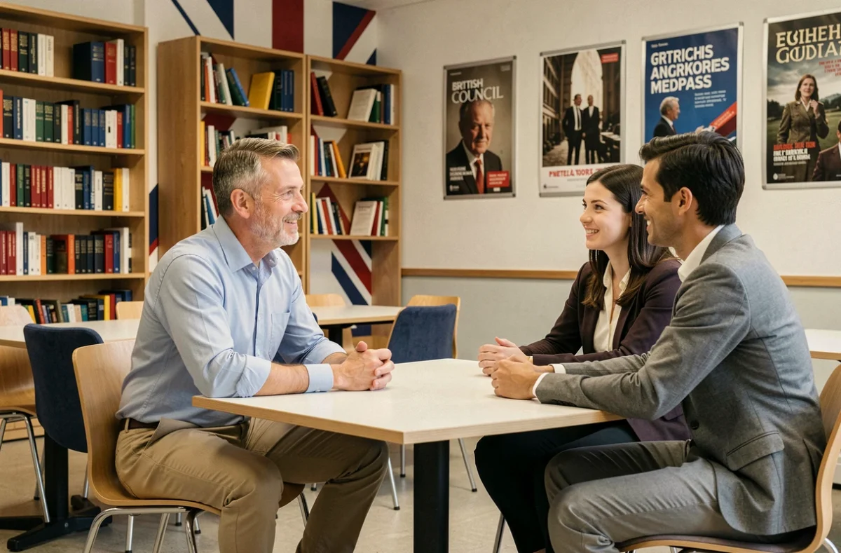 Professeur d'anglais et étudiants dans une salle de cours du British Council France à Paris