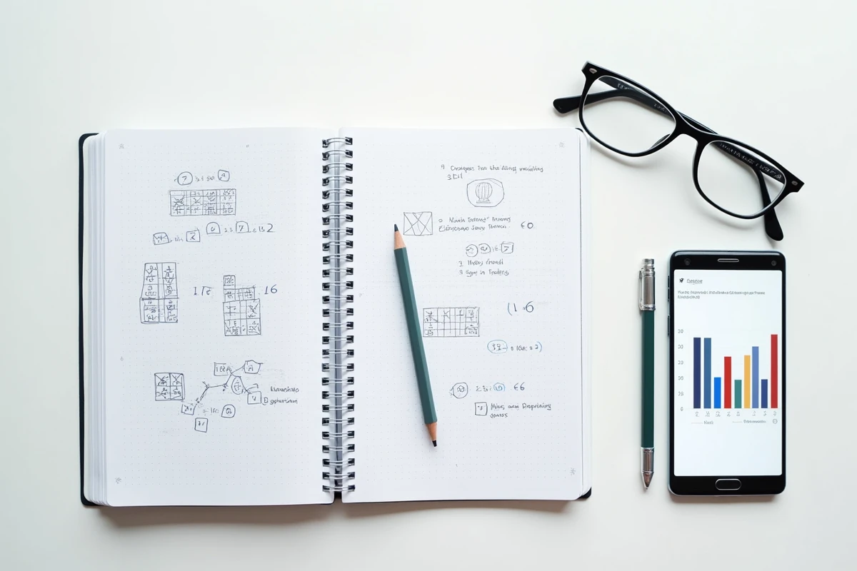 Vue de dessus d'un bureau avec un cahier de test de QI, des lunettes et un smartphone affichant les résultats de score