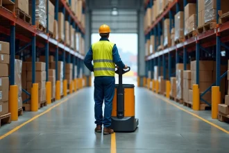 Cariste professionnel utilisant un transpalette électrique CACES 1 dans un entrepôt logistique en région parisienne