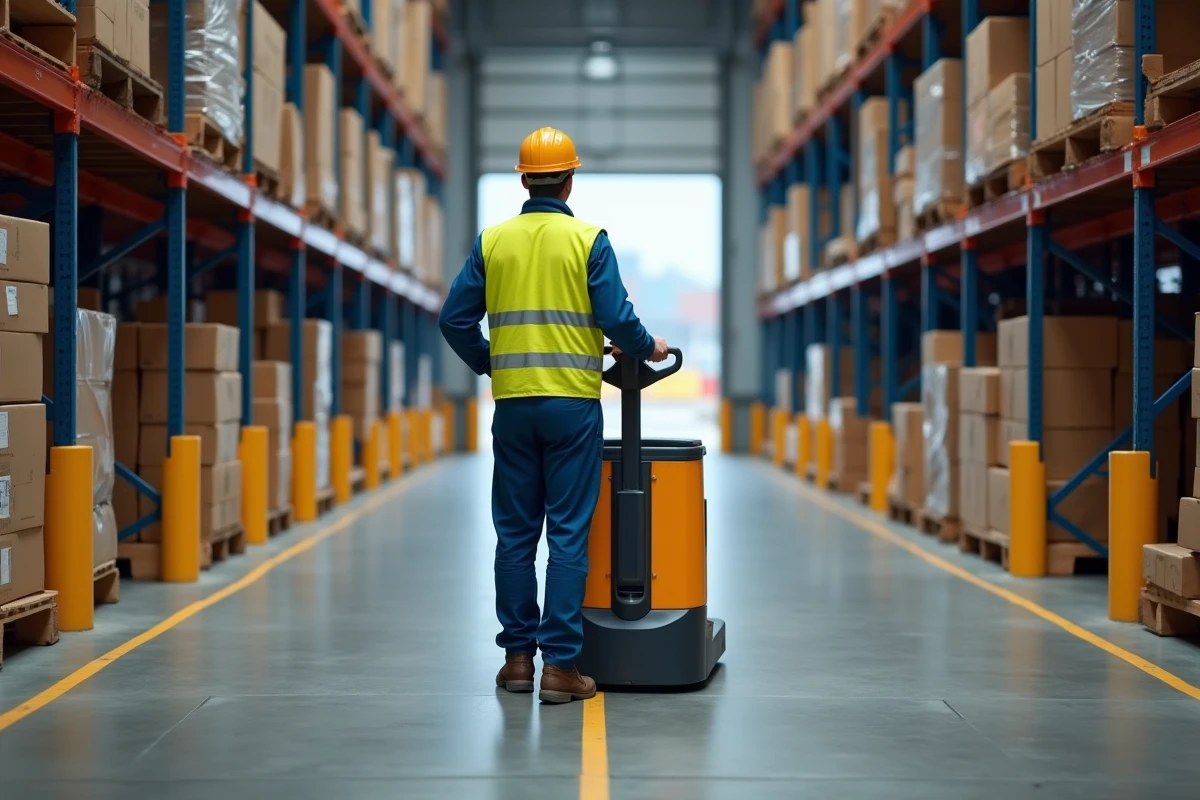 Cariste professionnel utilisant un transpalette électrique CACES 1 dans un entrepôt logistique en région parisienne