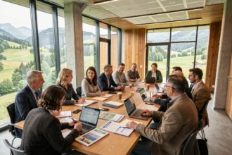 Groupe d'adultes en formation professionnelle dans un centre de formation moderne en Isère, autour d'une table avec ordinateurs et documents