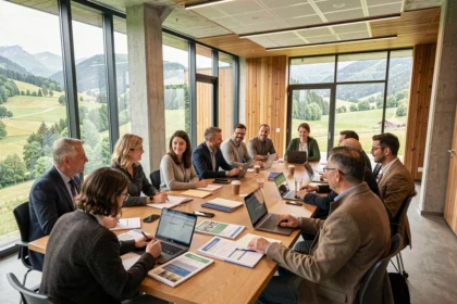 Groupe d'adultes en formation professionnelle dans un centre de formation moderne en Isère, autour d'une table avec ordinateurs et documents