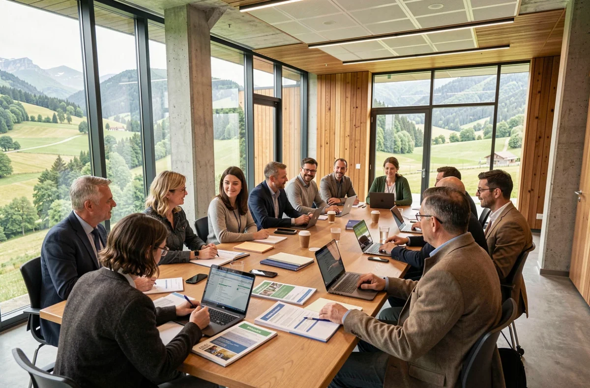 Groupe d'adultes en formation professionnelle dans un centre de formation moderne en Isère, autour d'une table avec ordinateurs et documents