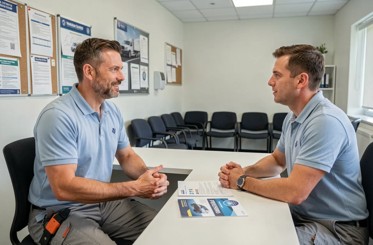 Chauffeur routier discutant du financement de sa formation FIMO avec un conseiller en centre de formation