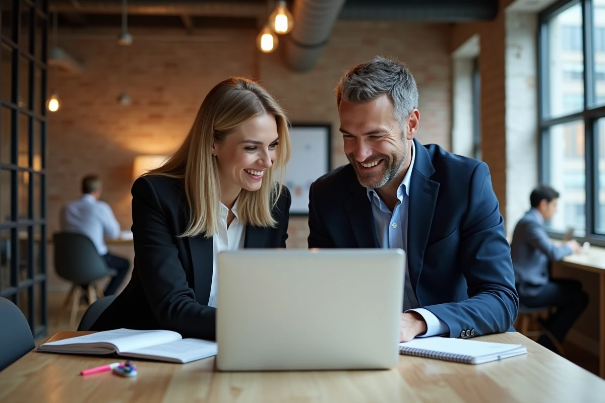 Deux adultes collaborant sur un cours en ligne ensemble dans un espace de coworking moderne et dynamique