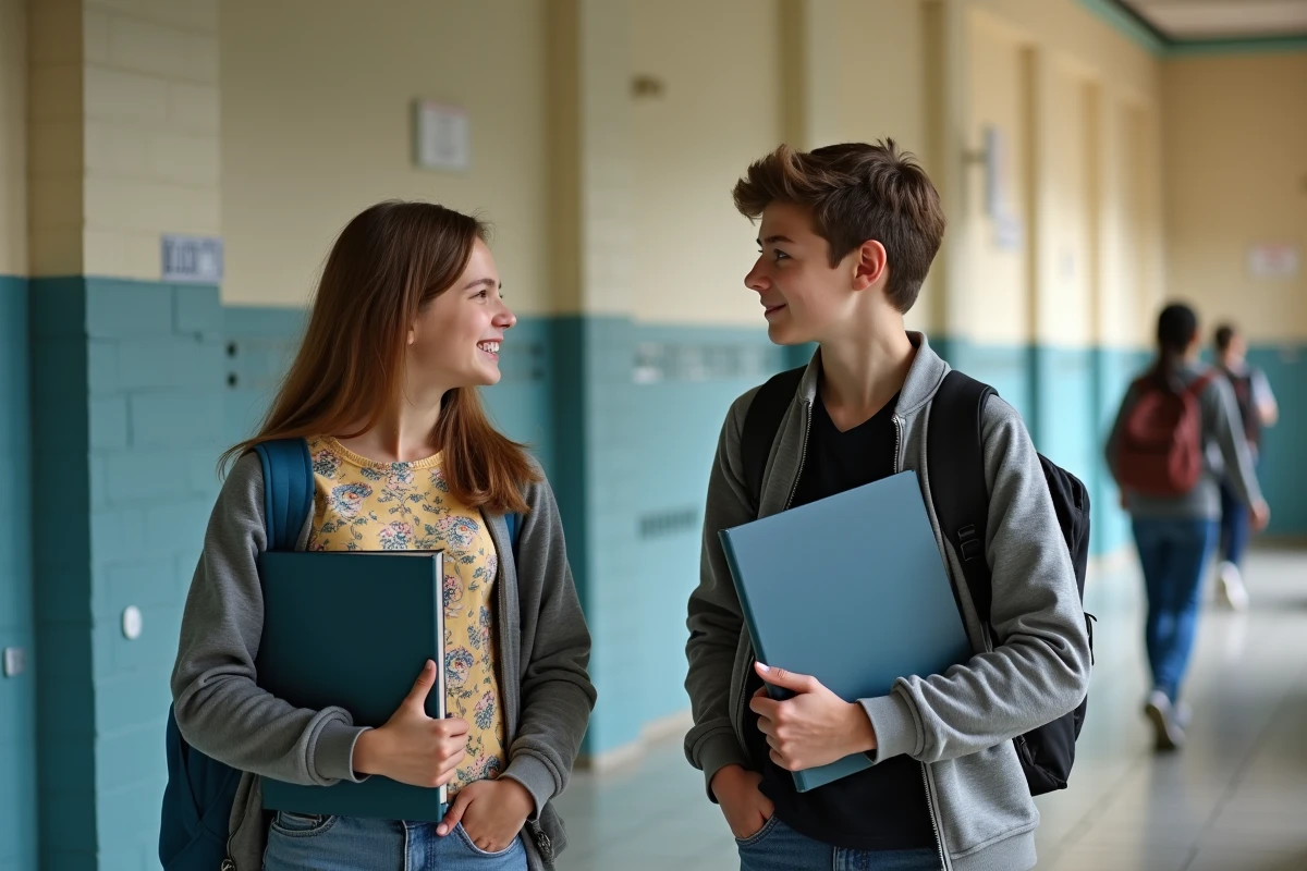 Deux collégiens en SEGPA discutant dans le couloir de leur école