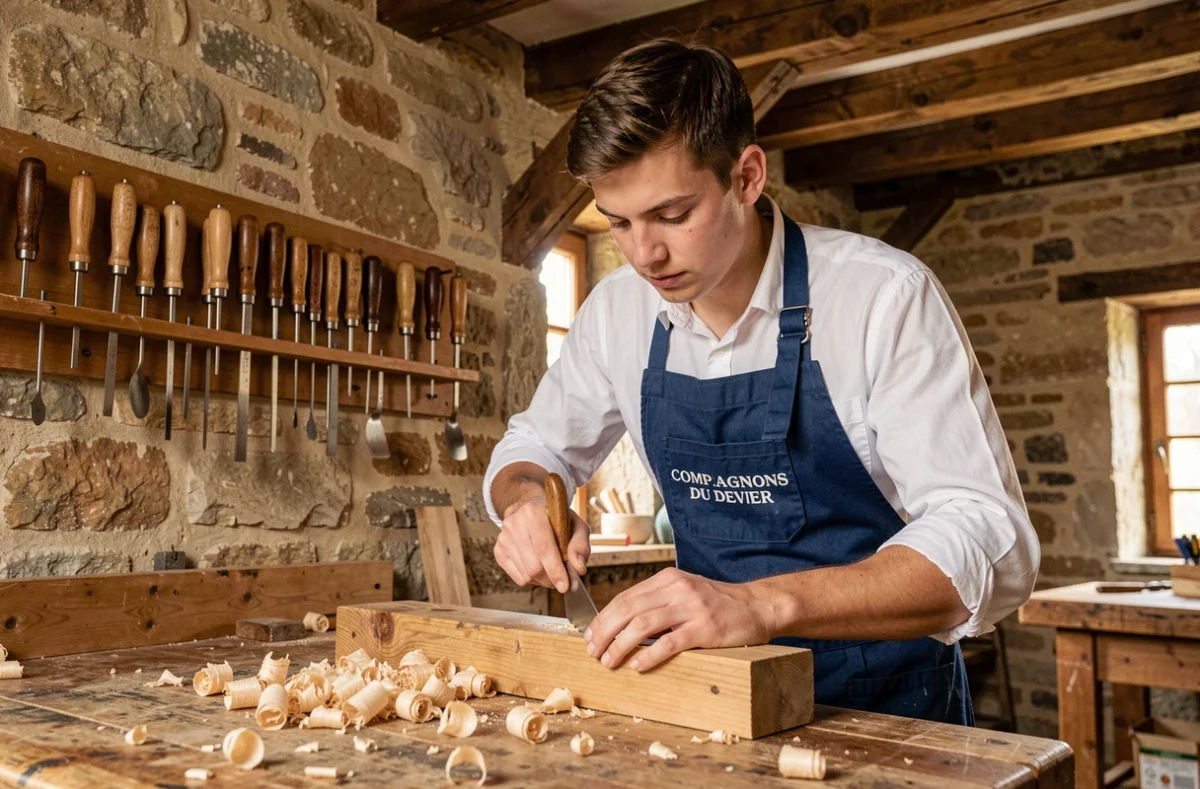 Jeune apprenti Compagnon du Devoir travaillant le bois dans un atelier traditionnel à Villefontaine