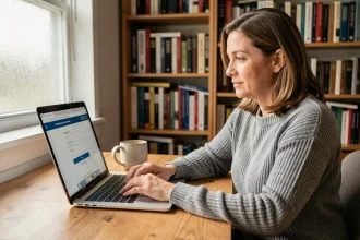 Femme connectée au portail étudiant Pia ac Amiens depuis son bureau à domicile en toute sécurité