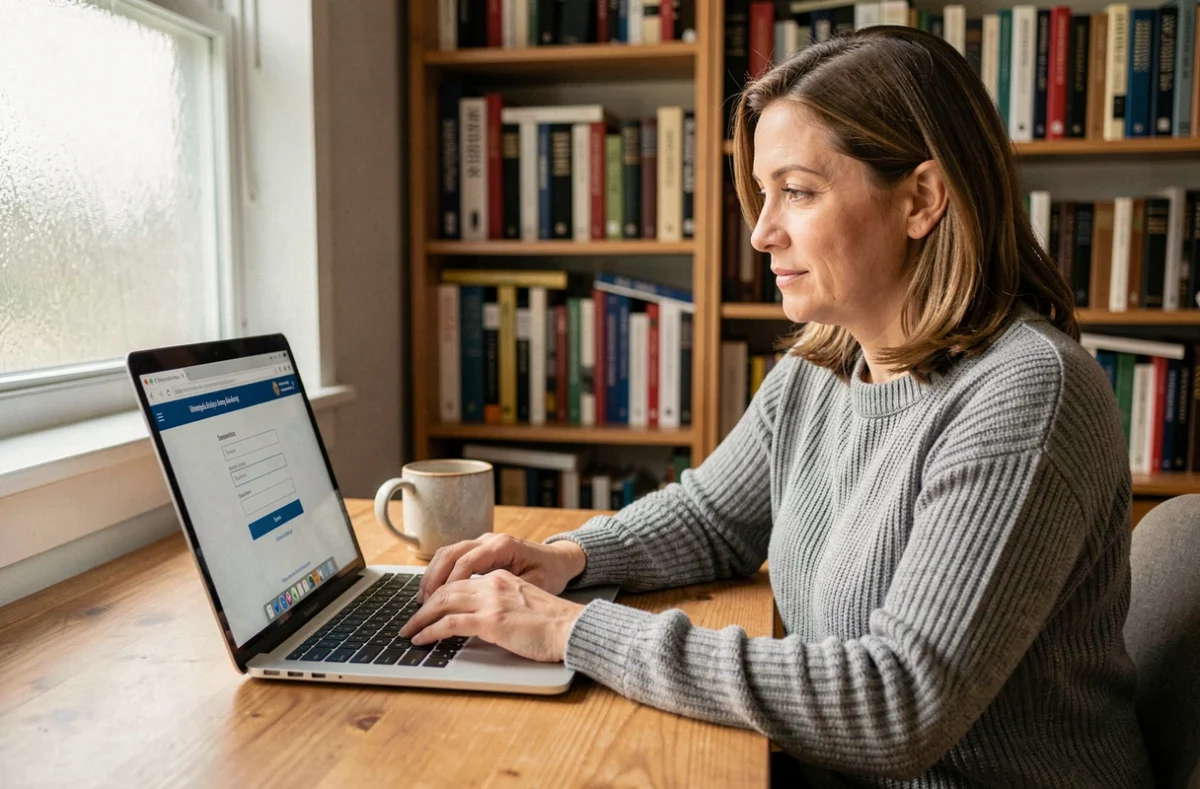 Femme connectée au portail étudiant Pia ac Amiens depuis son bureau à domicile en toute sécurité