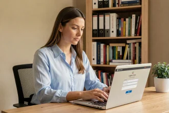 Femme connectée à son espace personnel PIA sur un ordinateur portable dans un bureau à domicile