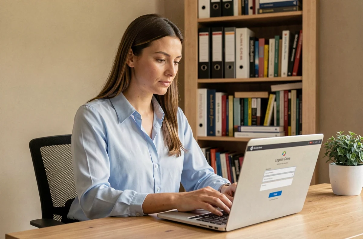 Femme connectée à son espace personnel PIA sur un ordinateur portable dans un bureau à domicile