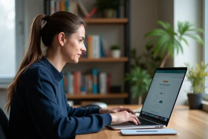 Enseignante se connectant à distance à une plateforme académique depuis son domicile via un ordinateur portable