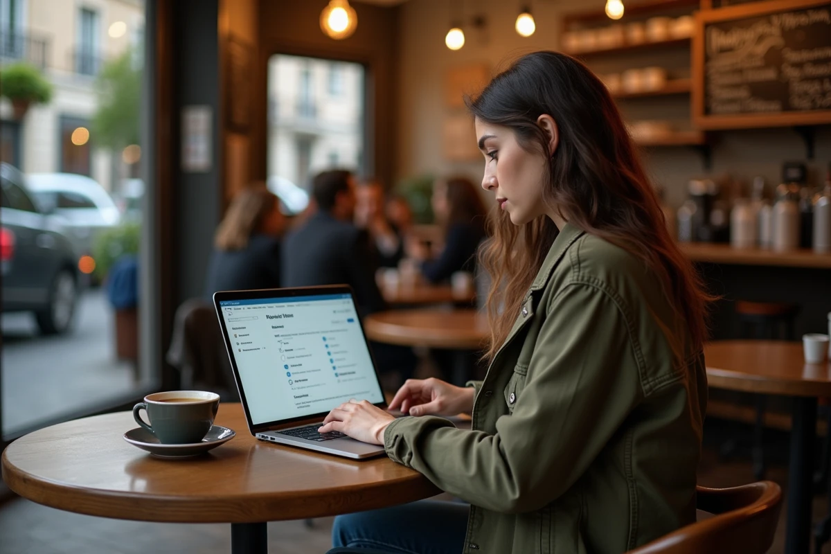 Jeune femme se connectant à distance à un réseau académique via VPN dans un café parisien