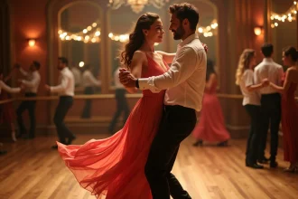 Couple dansant le zouk brésilien en studio, robe corail en mouvement et posture rapprochée caractéristique de la danse