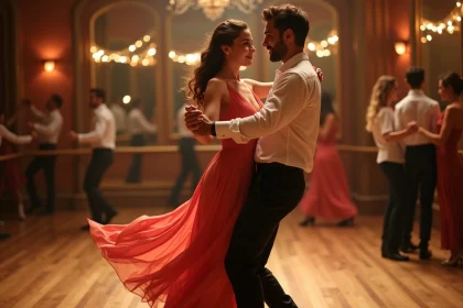 Couple dansant le zouk brésilien en studio, robe corail en mouvement et posture rapprochée caractéristique de la danse