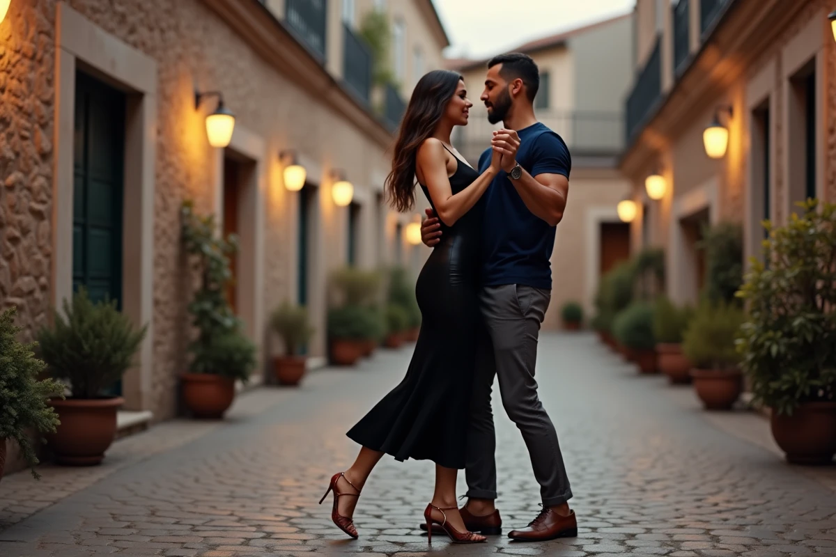 Couple pratiquant la kizomba en ext&eacute;rieur sur des pav&eacute;s, posture coll&eacute;e et pas lents typiques de cette danse africaine