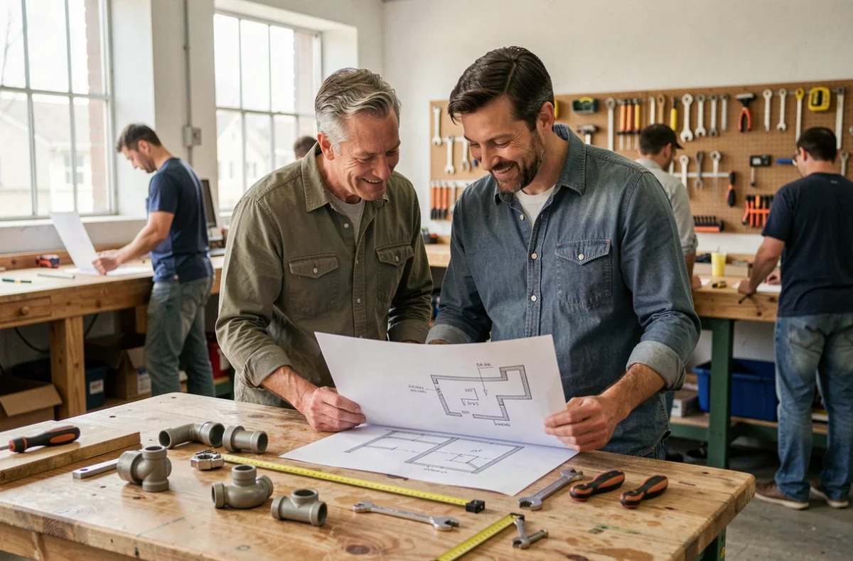 Couple consultant un plan de rénovation lors d'un stage bricolage pour anticiper et réduire leurs factures de travaux à domicile