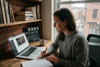 Femme suivant un cours de cinématographie en ligne sur son bureau à domicile tout en prenant des notes manuscrites