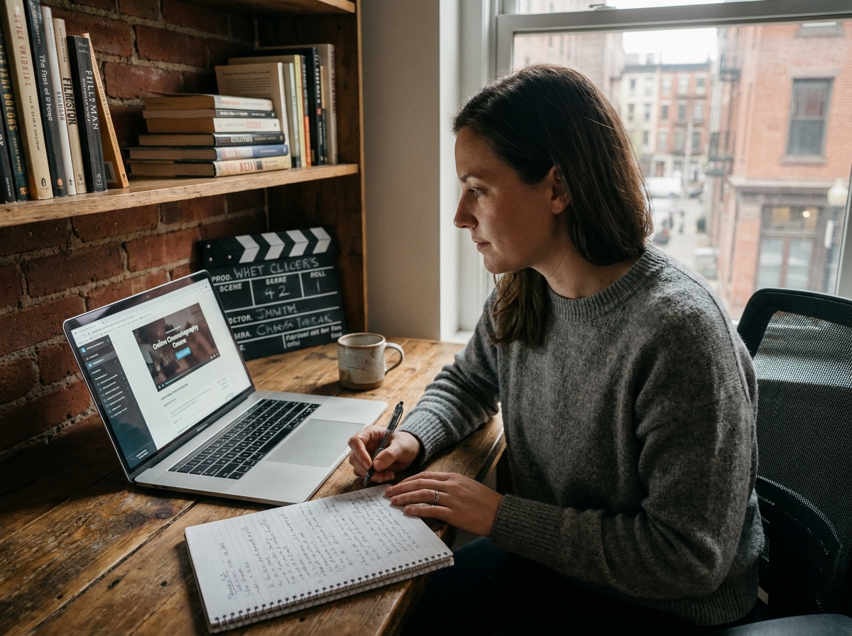 Femme suivant un cours de cinématographie en ligne sur son bureau à domicile tout en prenant des notes manuscrites