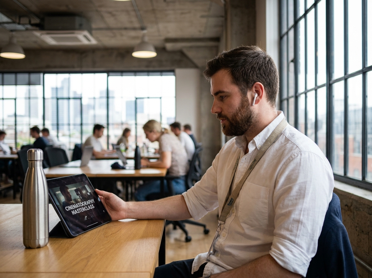 Homme regardant un cours de cinématographie sur tablette pendant sa pause déjeuner dans un espace de coworking
