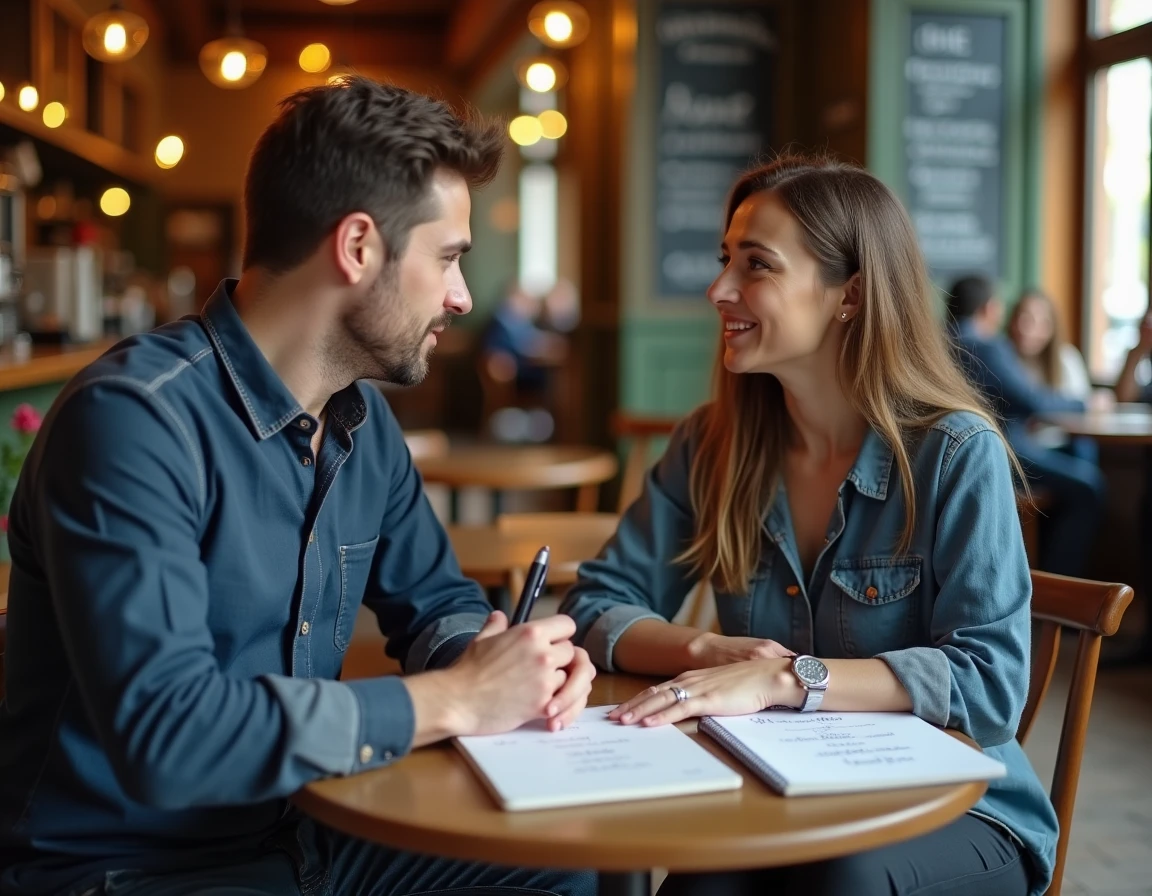 Homme en conversation avec une tutrice de français dans un café parisien avec un cahier de notes partagé