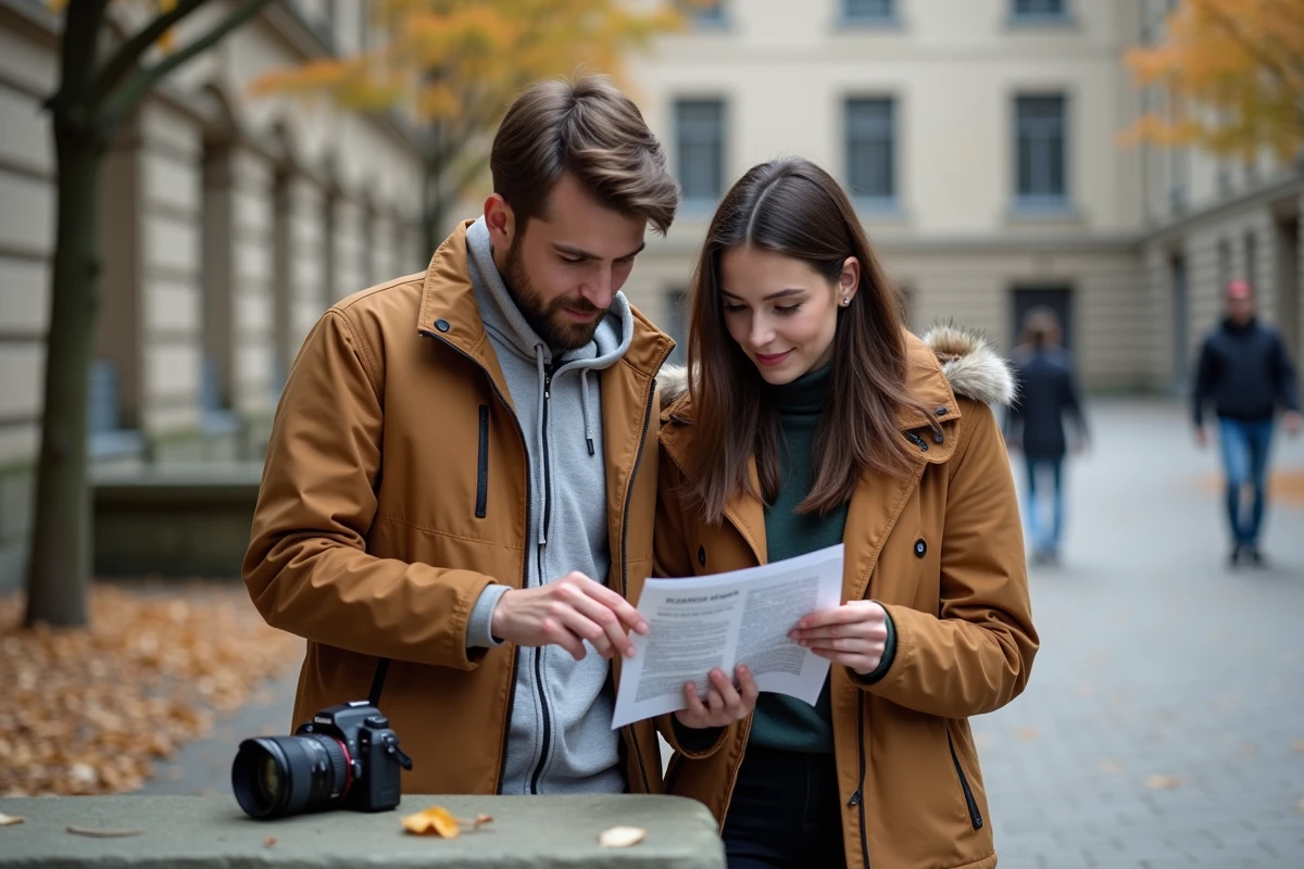 Deux jeunes adultes apprenant les bases de la photographie ensemble en extérieur urbain