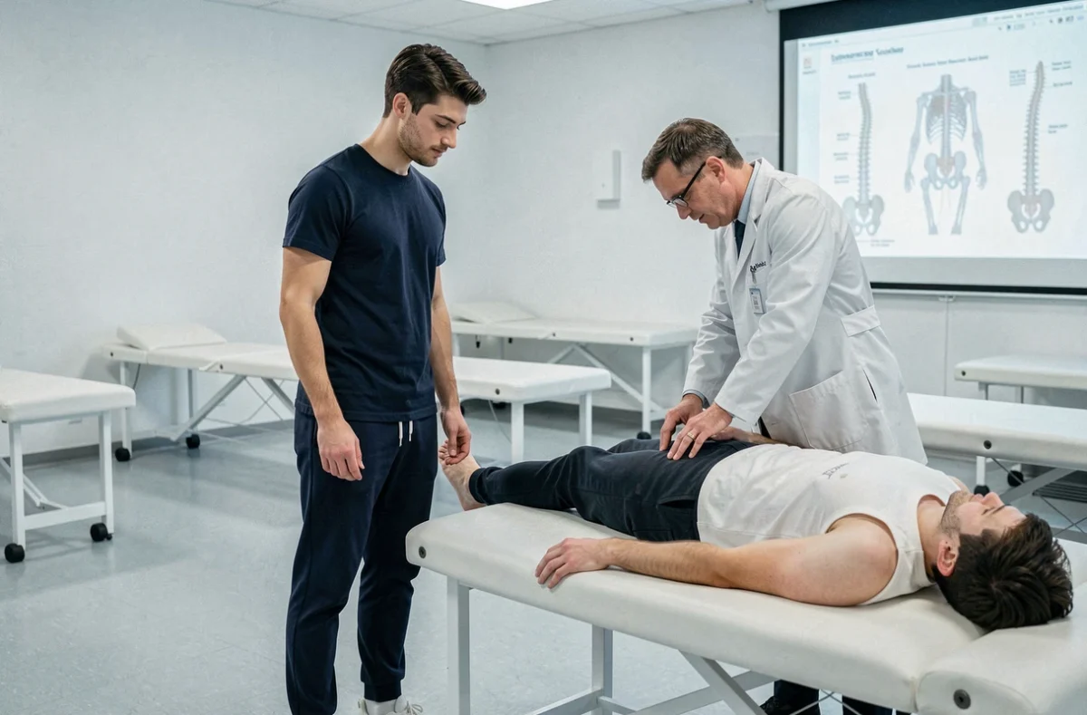 Cours pratique d'ostéopathie avec un professeur démontrant une technique de manipulation lombaire devant des étudiants attentifs en salle pédagogique