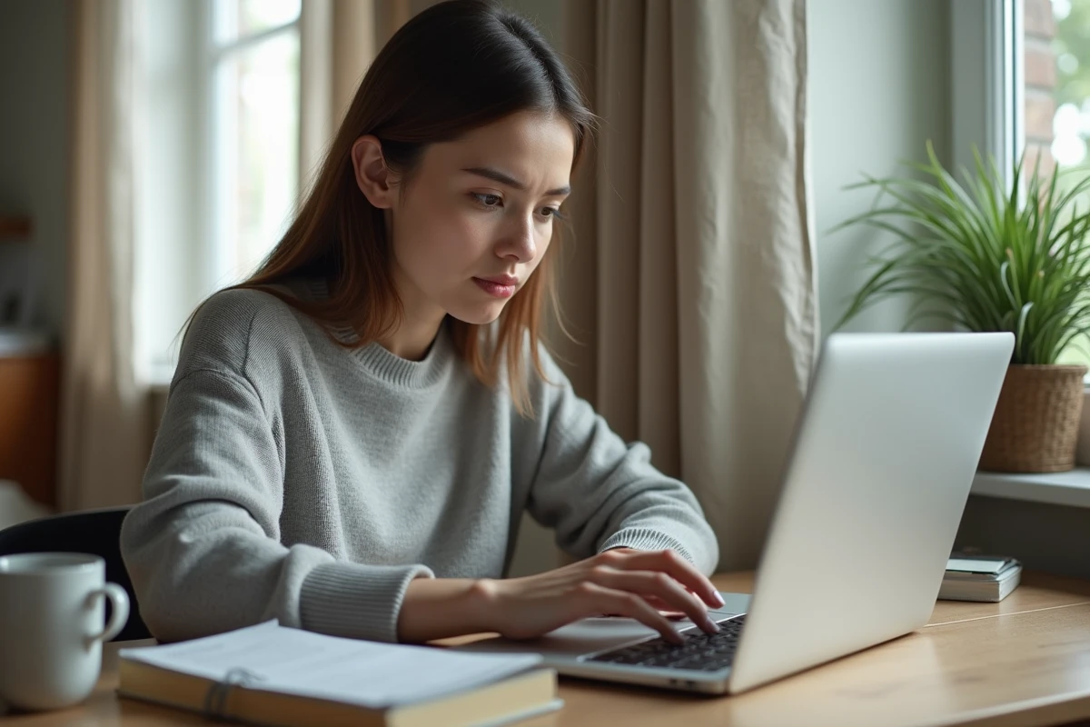 Jeune femme débutante créant un compte en ligne sur un ordinateur portable dans un bureau à domicile