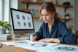 Designer graphique travaillant sur des ébauches de logos pour une école dans un studio moderne